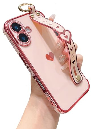 DEFBSC for iPhone 16 Case with Wrist Strap, Plating Heart, Pink | Cute Side Love Pattern Phone Case with Wristband Finger Holder Stand Soft TPU Bumper Shockproof Protective Cover