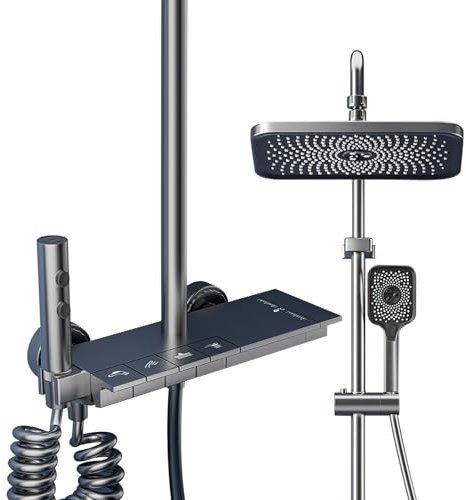 LED con pantalla digital, columna de ducha termostática, 80-120 cm, barra de ducha, altura regulable, columna de ducha con cabezal de ducha, 20 x 30 cm, 3 mezclador de ducha con estante (A)