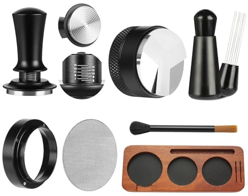 WDT Espressomaschinen-Zubehör-Set, Kaffeestampfer mit Holz-Espresso-Stopfstation, Verteiler, Rührer, Dosiertrichter, Bürste, Pucksieb, 7-teiliges Set