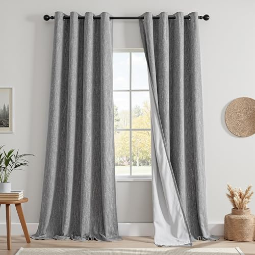 MYSKY HOME Vorhang 100% Blickdicht Gardinen mit Ösen Verdunklungsvorhänge Leinen-Mischung Thermovorhang Kälteschutz Hitzeschutz vorhänge für Schlafzimmer 2er Set H 245 x B 140 cm, Dunkelgrau