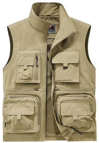 Sukany Men's Casual Outdoor Fishing Vest Jacket Safari Work Gilet Travel Cargo Photo Mesh Waistcoat with Multi Pockets Khaki XL