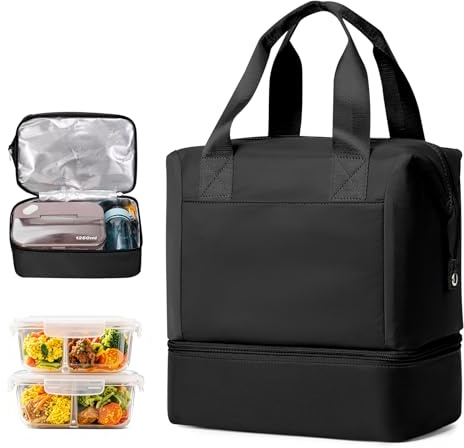 HPLQQ Isolierte Kühltasche, Doppelte Lunch Bag, Lunchtasche Damen Herren,Thermotasche für Essen Picknicktasche Tragbare Lunchbox Tasche, Isoliertasche für Arbeit, Schule, Reise,C1-Schwarz