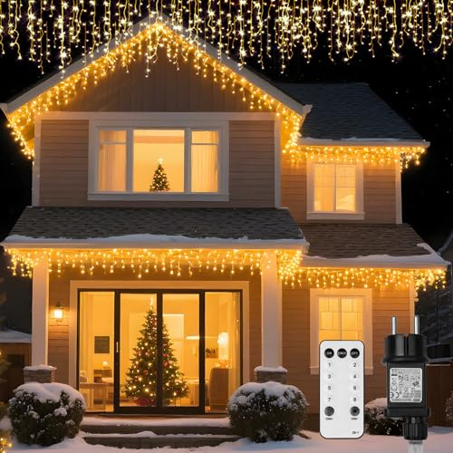 Sylvwin Catena Luminosa per Esterni,6M,200 LED,8 Modalità,Illuminazione Natalizia Collegabile,Decorazione Esterna, Cascata Luci Natalizia per Casa, Decorazione per Finestra,Festa in Giardino