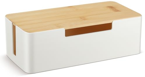 CRROEL Cord Management, Cable Management Box, Cable Organizer Storage Box with Bamboo Lid for Hiding Messy Cables Wire Management,for Home Office/TV, Cable Hider Box Fits Multiple Cables- White