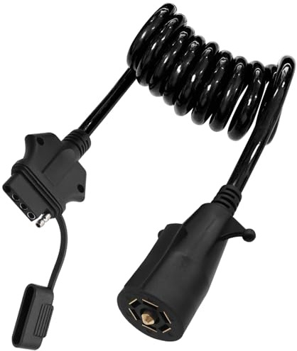 Seamaka 7 Pin Round to 5 Pin Flat Coiled Trailer Adapter 5 Ft/60 in 7 to 5 Pin Trailer Plug Adapter 7 Way Round to 5 Way Flat Coiled Wiring Harness Adapter Extension Cord Cable