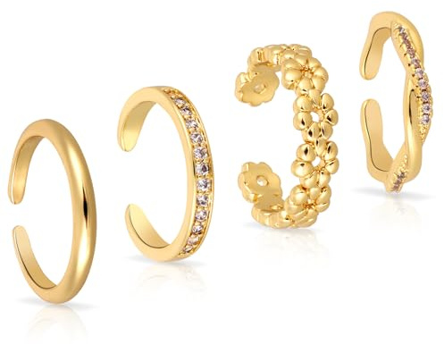 Mikovivi 4 Uds Ajustables Anillos para Dedo de Pie, 4 Estilos Sin Deslustre Diamante Flor Liso Abierto Anillos Mujer Dedo Pie Joyas para Pies de Playa (Dorado)