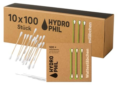 HYDROPHIL Tamponi di cotone in bambù e cotone biologico, 1000 pezzi, senza plastica, biodegradabili, sostenibili e vegani, bastoncini di cotone di bambù per orecchie, trucco e igiene