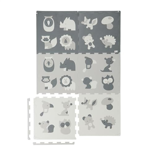 Relaxdays Puzzlematte, 18tlg. Baby Spielmatte mit Rand, Tiere, schadstofffreier Schaumstoff, Kindermatte, weiß/grau