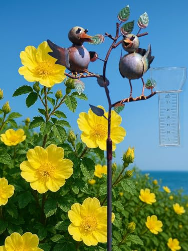 Pommerntraum ® | Regenmesser Niederschlagsmesser Pluviometer Gartenstecker mit Meisenknödelhalter Vogelhochzeit Vogel Vögel - tolle Gartendeko (verliebte Spatzen)