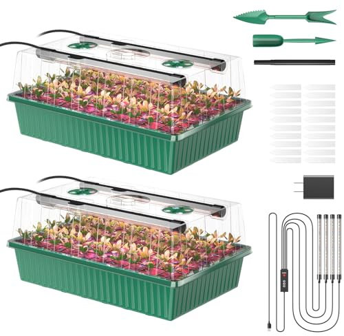 Guioiby Seed Starter Tray, 120-Cells Seed Starter Kit with Grow Light, 2 Pack Reusable Seeding Starter Trays with Air Vent Humidity Domes for Greenhouse Gardening Indoor Planting Growing (Green Base)