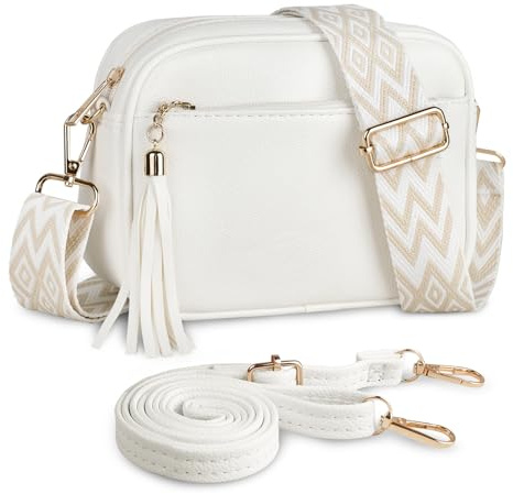 Kememo Small Cross body Bag for Women, Faux Leather Handbags & Shoulder Bags Camera CrossBody Bag with Adjustable Wide Strap for Travel Shopping Work Daily Use, White