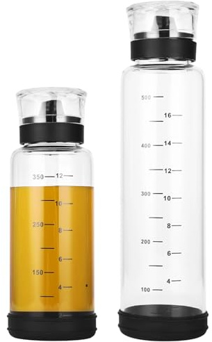 2 PCS Graduated Dressing Bottles, 350 ml 500 ml Clear High-Borosilicate Glass Oil and Vinegar Dispensers, No-Drip 360° Silicone Spout, Non-Slip Base, Oil Container for Salad, Cooking, Seasoning Prep