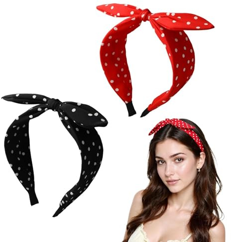 2er Set Breite Haarbänder für Damen, Rockabilly Accessoires mit Polka Dots - Vintage Haarreif Rot & Schwarz, Rutschfester Rockabilly Haarschmuck