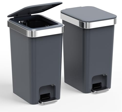 accep 2 Pack Bathroom Garbage Can with Lid, 2.6 Gallon /10 Liter Small Trash Can, Press Top Bin & Step Metal Pedal Trash Bin, Waste Basket for Bedroom, Home Offices, Small Spaces, Dorm (Black Gray)