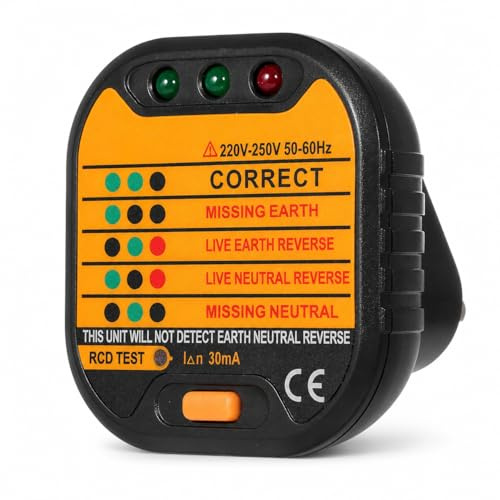 Uadme Automatic Socket Tester UK, RCD, 220-250V, LED | Portable Design, Polarity Detection, Voltage Check, Plug Wiring Fault Finder, Clear Indicator Lights, Easy Operation