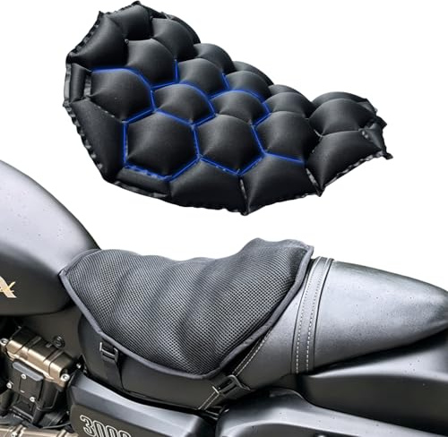 AFNCX Cojín para Asiento de Moto – Inflable y Rellenable con Agua 2 en 1, Amortiguación Universal, Diseño Ergonómico, Base Antideslizante y Correas, Ideal para Viajes Largos (Negro)