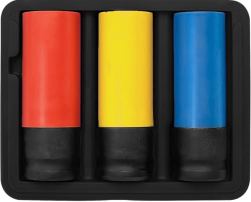 SW STAHL 07870L Juego de Vasos para Tuercas de Ruedas, 1/2, 17, 19, 21 mm | Kit de 3 piezas para llantas de aleación, llaves de impacto de cromo molibdeno con protección de plástico y código de colores