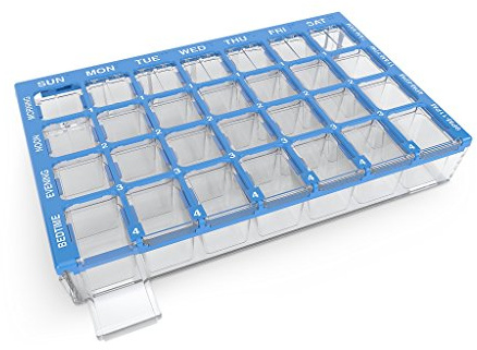 EZY DOSE Weekly (7-Day) Pill Organizer, Vitamin and Medicine Box, Medium Compartments with Easy Fill Tray, 4 Times a Day, Clear Lids, Color May Vary, BPA Free
