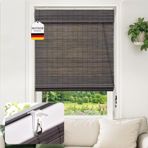 Victoria M. Klemmfix Bambus Raffrollo Sonnenschutz Sichtschutz Rollo Seitenzugrollo ohne Bohren, für Fenster und Türen, 80 x 160 cm, Dunkelbraun
