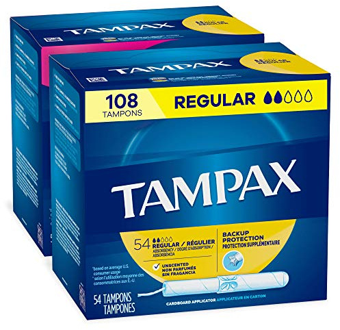 Tampax Tampons, Regular Absorbency, Cardboard Applicator, Leakgaurd Skirt, Unscented, 54 Count X 2 Packs (108 Total Count)