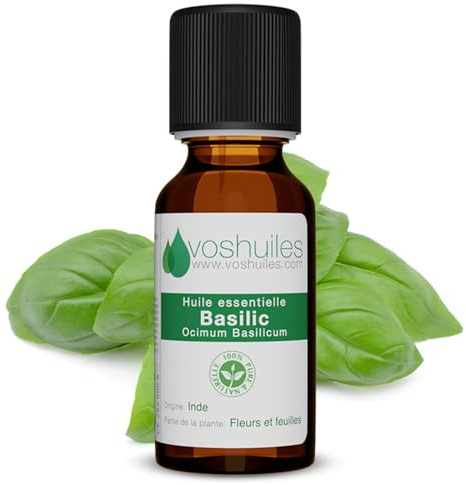 VOSHUILES - Huile Essentielle Basilic 10ml - 100% Pure et Naturelle - HEBBD - Parfum Très Aromatique - Utilisation Massage - Traçabilité - Entreprise Française