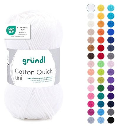 Gründl Wolle Cotton Quick uni - dünne Wolle zum Häkeln - Strickgarn - Häkelgarn - Glänzend und hautfreundlich - 100 % Baumwolle - 1 Knäuel 50 g / 125 m - Nadelstärke 3 - 4 - Weiß