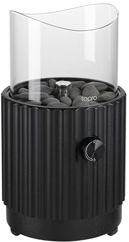 tepro Tisch-Gasfeuerstelle rund mit Glasaufsatz, inkl. Dekosteine, Edelstahl-Brenner, kompakt für Outdoor, Terrasse, Balkon, Gartentisch, 16 cm Durchmesser, Schwarz