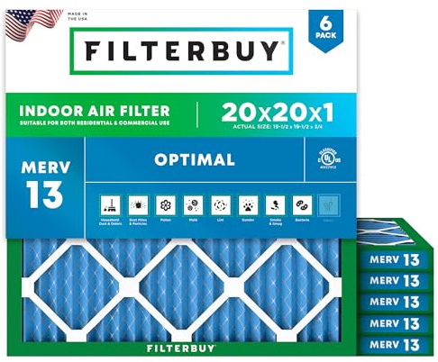 Filterbuy 20x20x1 Air Filter MERV 13 Optimal Smoke & Allergy Defense (6-Pack), Electrostatic Pleated HVAC AC Furnace Filters Replacement, Made in USA (Actual Size: 19.50 x 19.50 x 0.75)