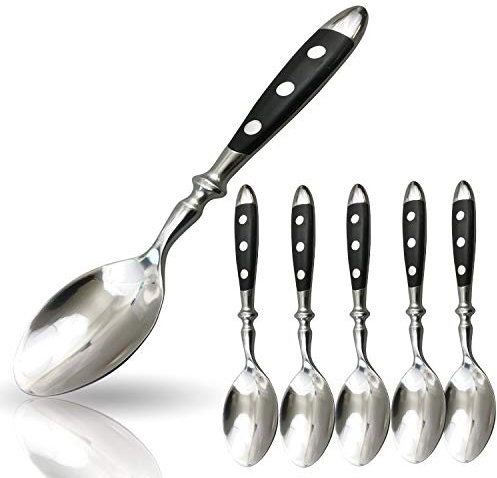 Kerafactum 6 Löffel Teelöffel Kuchenlöffel Loeffel Set Kaffeelöffel für Kuchen Dessert genietet Dessertlöffel Besteck mit schwarzen Griffen Landhausstil Eislöffel erweiterbar Coffee Spoon