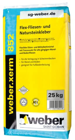 Geakv Weber.xerm 852, 25kg - Flex-Fliesenkleber mit Trass, Grau, Pulver, Fliesenkleber, Wand und Boden, Innen- und Außenbereich, geeignet für Fußbodenheizung, sehr gute Standfestigkeit