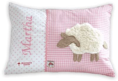 Glückspilz Namenskissen personalisiert, Babykissen mit Namen Bestickt, Schaf, Rosa, 40 x 60 cm