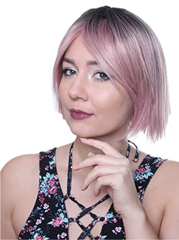 Prettyland Kort peruk rosa svart slipsfärgad bassträngar rak peruk som människohår C910