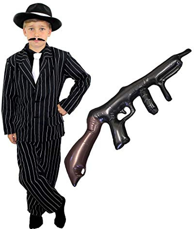 Costume da gangster anni '20 per bambini – completo gessato nero + cravatta bianca + pistola gonfiabile – ragazzi (12-14 anni)