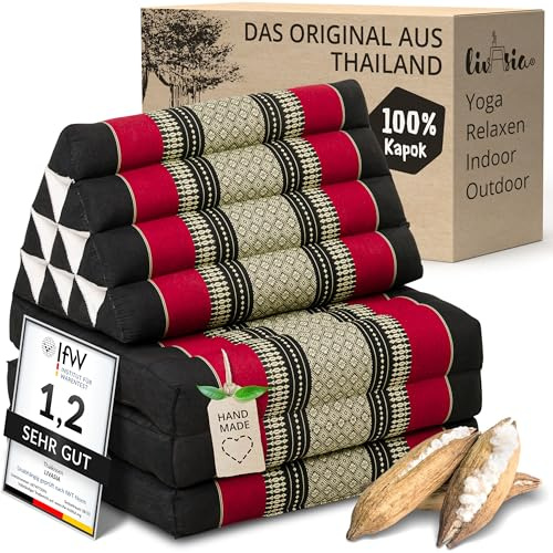 livasia cuscino thai a 3 segmenti - 175x50x8cm - cuscino triangolare con materasso pieghevole, cuscino a cuneo kapok, cuscino per la schiena pieghevole, tappetino thai, fatto a mano (Nero/Rosso)