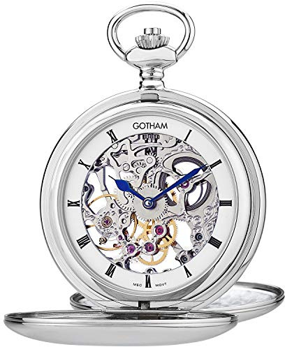 Gotham Men's Chrome Plated Brass Double Cover Exhibition Mechanical Pocket Watch # GWC18804S