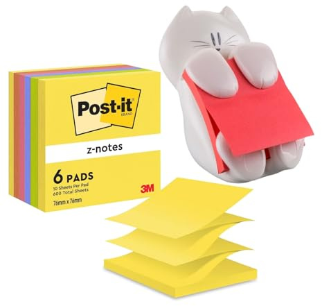 Post-it Z-Notes Spender in Katzenform und 6 Blöcke Neon Rainbow (76 mm x 76 mm) – Haftnotizen Set mit 600 Blatt & Dispenser – Selbstklebende Zettel für Büro, Schule & Zuhause