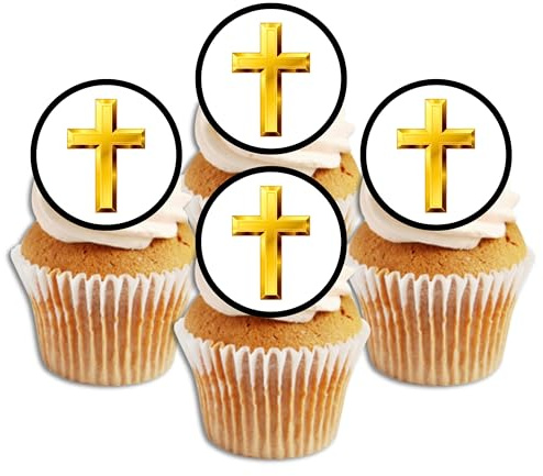 Gold Cross Edible Cupcake Toppers – Religious Cake Decorations for Christenings, Baptisms, Holy Communions, Church Celebrations Uncut (48 x 3cm/1.18 Inch Discs)