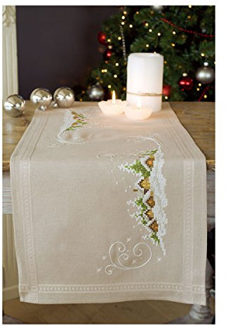 Vervaco Stickpackung Kreuzstich Set Vorgedruckt Tischläufer Winterdorf im Schnee Stickdecken Vorgezeichnet Basteln Kreativ Stickläufer zum Selbersticken 40 x 100 cm Stickset Weihnachten