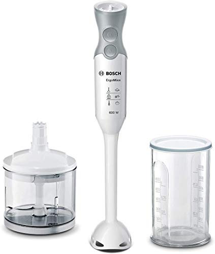 Bosch Stabmixer ErgoMixx, abnehmbarer Mixfuß, Mix- und Messbecher, 4-Klingen-Messer, Zerkleinerer, ergonomisches Design, 12 Stufen plus Turbo, 600 W, weiß/grau, MSM66020