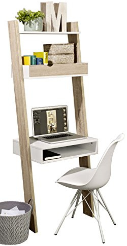 SoBuy Ladder Shelf, Wooden Wall Bookshelf, Storage Display Shelving Unit with Drawer & Desk Workstation W65 x D40 x H179cm FRG111-WN