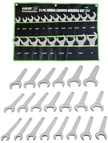 Grip 21 pc Jumbo Service Wrench Set SAE - Sizes from 3/4 up to 2 - Chrome Plated - Chrome Vanadium Steel - Heavy Duty Storage Pouch - Automotive, Hydraulic Equipment