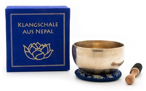 Klangschale in blauer Geschenkbox S mit Lotus-Aufdruck und Zubehör: Traditionell gefertigte Klangschale in Geschenkbox mit Lotussymbol aus Nepal