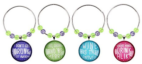 CGB Giftware | Set of 4 Assorted Colour Wine Charms each with a Different Wine Themed Slogan! Party Glass Claimer | ART792