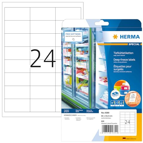 HERMA 4389 frysetiketter A4 (66 x 33,8 mm, 25 ark, papper, matt) självhäftande, utskrivbara, permanenta hushållsetiketter, 600 klistermärken, vit
