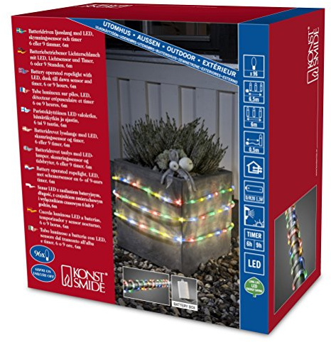 Konstsmide LED Lichterschlauch, 6m, mit Lichtsensor und 6h und 9h Timer, 96 bunte Dioden, batteriebetrieben, Außen (IP44), 4 x D 1.5V (exkl.) - 3744-500