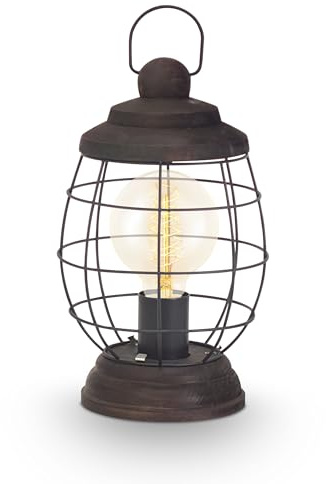 EGLO Tischlampe Bampton, 1 flammige Tischleuchte Industrial, Vintage, Retro | Nachttischlampe Holz und Stahl in Braun-Patina, Laterne mit Schalter, E27 Fassung