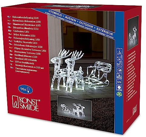 Konstsmide LED Acryl-Set Schlitten mit 2 Rentieren, 96 kalt weiße Dioden (12 funkelnde), 24V Außentrafo, transparentes Kabel - 6192-203