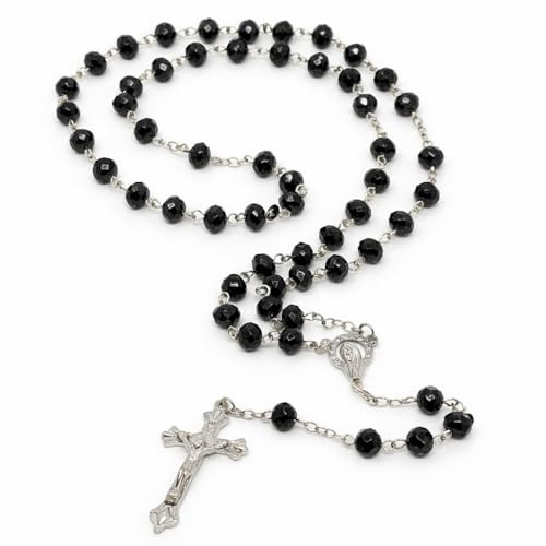Diamond Cut Black Glass Rosary Beads Necklace with Silver Crucifix – Luxury Catholic Prayer Rosary, Faceted Crystal Beads, Elegant Devotional Jewellery