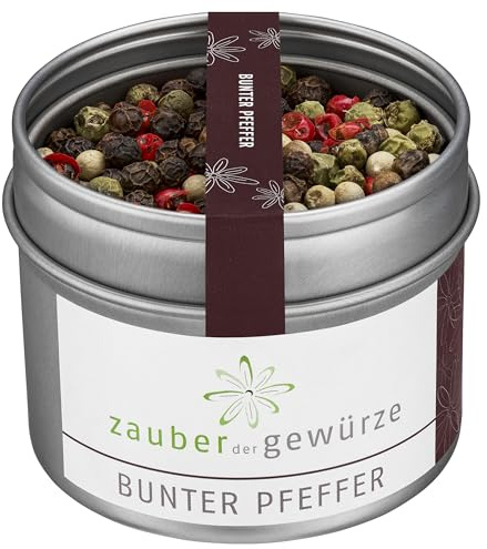 Zauber der Gewürze Bunter Pfeffer ganz - ideal für die Pfeffermühle, aromatische schwarze, weiße, grüne und rosa Pfefferkörner, Spitzen-Qualität in wiederverschließbarer Aroma-Dose, 50 g