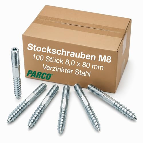 PARCO Stockschrauben 8,0 x 80 mm 100 Stück verzinkt – Profi Hangerbolts mit TX25 Antrieb & Sechskantschaft – Für Holzbau, Beton & Mauerwerk – Ideal zur Solar-Montage & Photovoltaik (PV) Befestigung